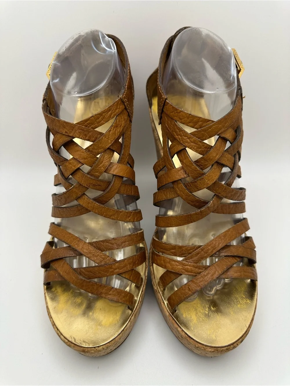 Tory Burch Tan Woven Leather Cork Platform Wedge Sandals Size 9M